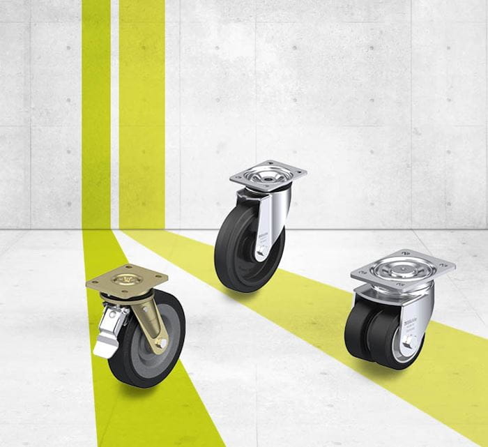 Svingbare hjul for tung belastning med bane i elastisk massiv gummi eller helelastisk massiv gummi